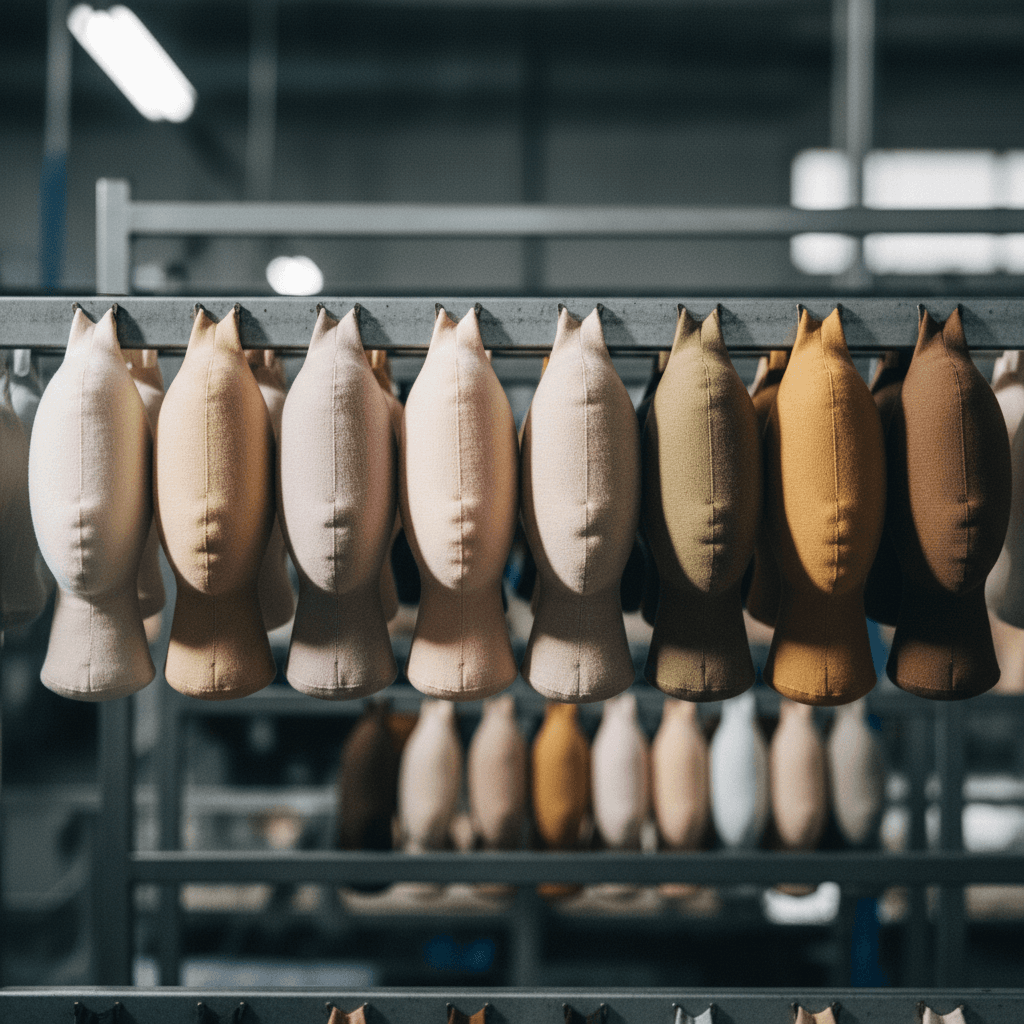 Row of plush doll heads in various skin-tone fabrics on a rack