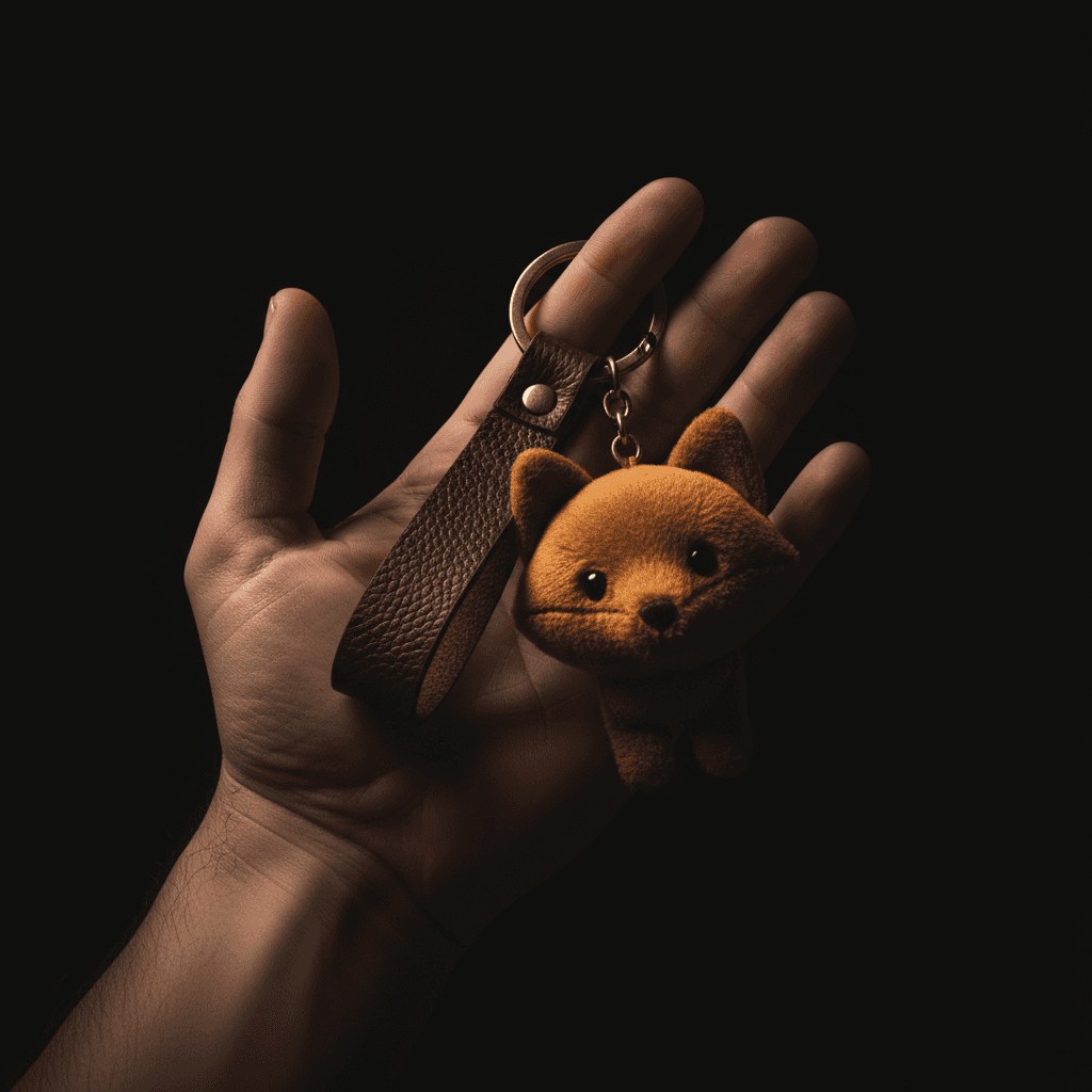 Leather keychain and plush pendant held in hand