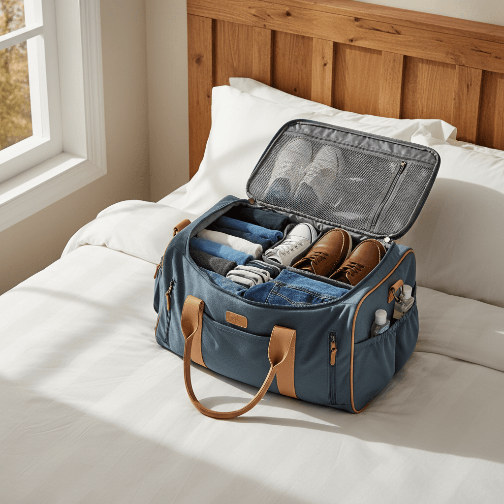Open travel duffle bag packed with items on a bed