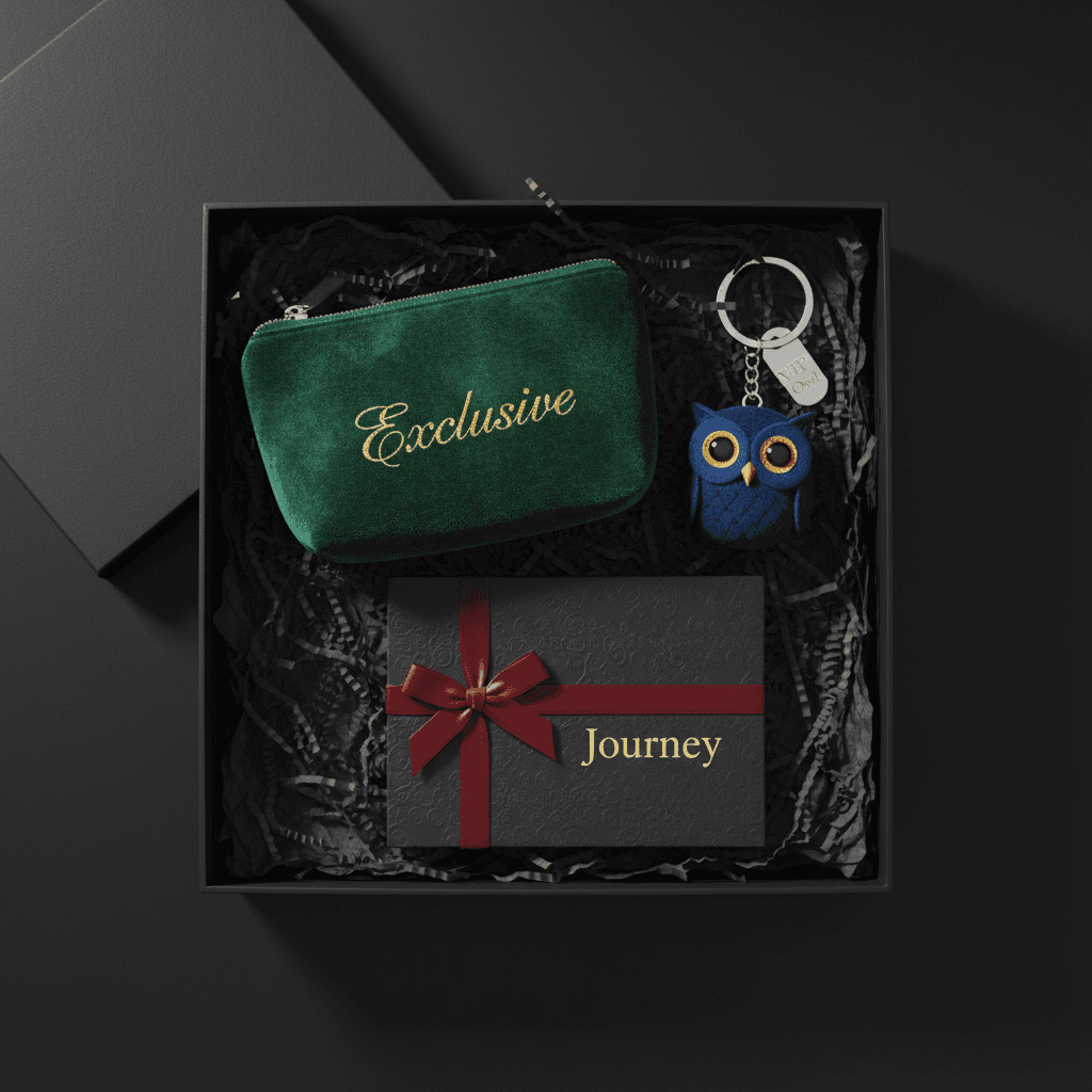 Open VIP gift box with custom cosmetic bag and plush keychain pendant
