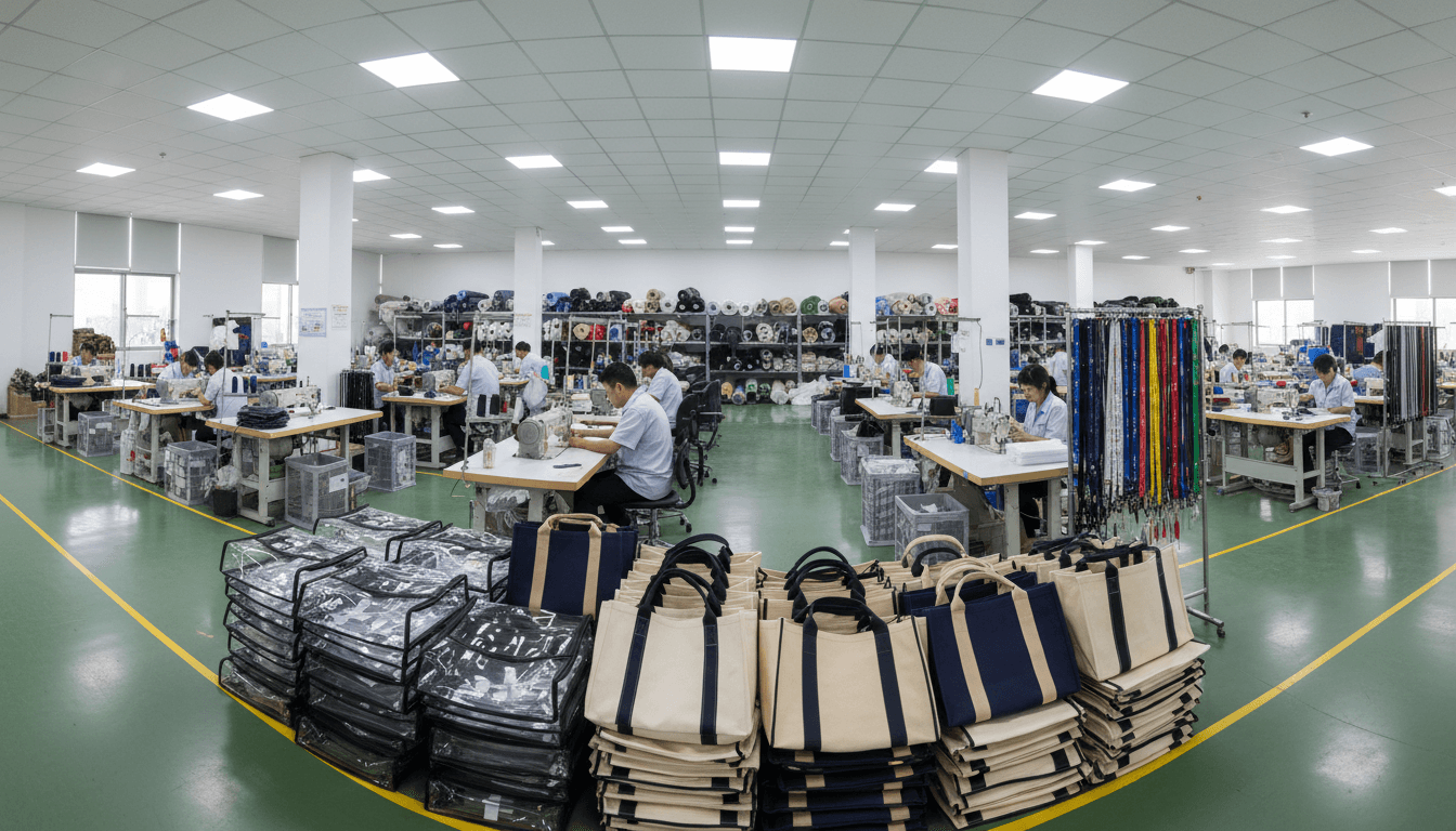 Factory production floor with stacks of custom canvas tote bags and rolls of fabric
