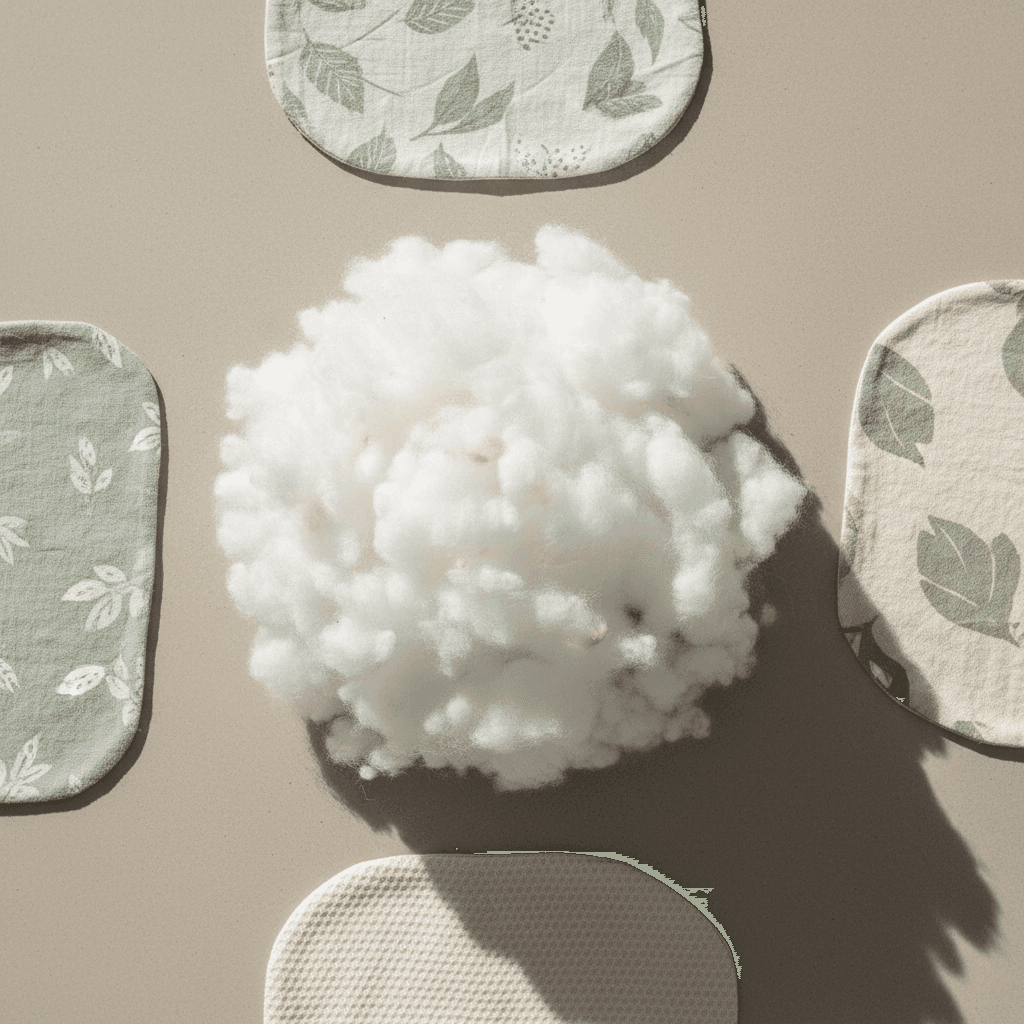 Pile of recycled polyester stuffing and organic cotton swatches