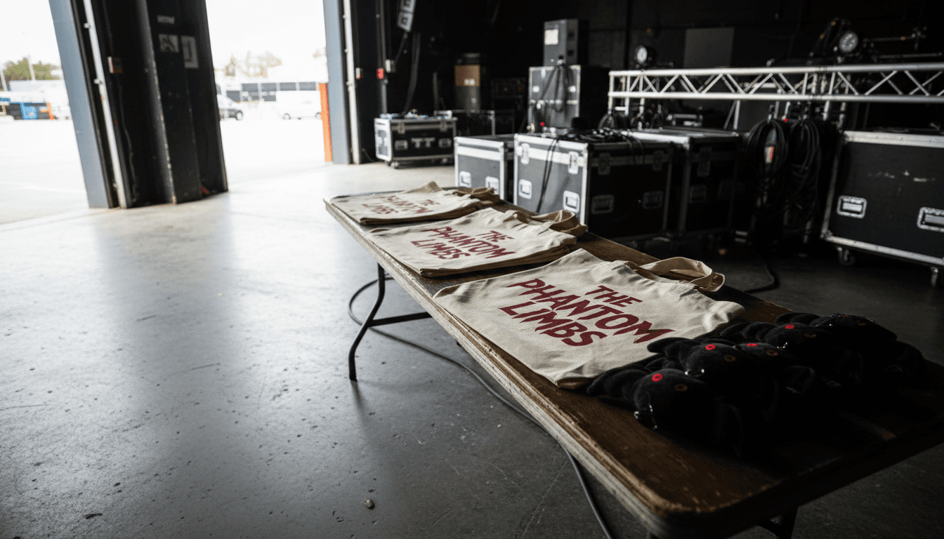 Backstage concert merchandise table with canvas bags and plush keychains