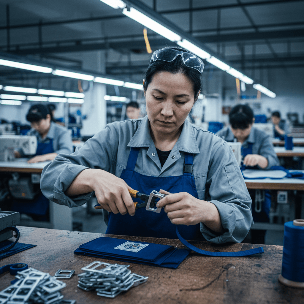 Worker attaching buckle to backpack strap on factory floor