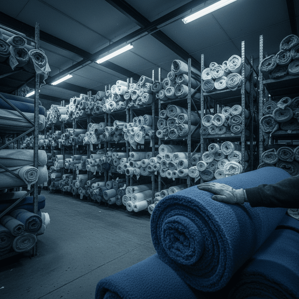 Stacked rolls of polar fleece fabric in a warehouse