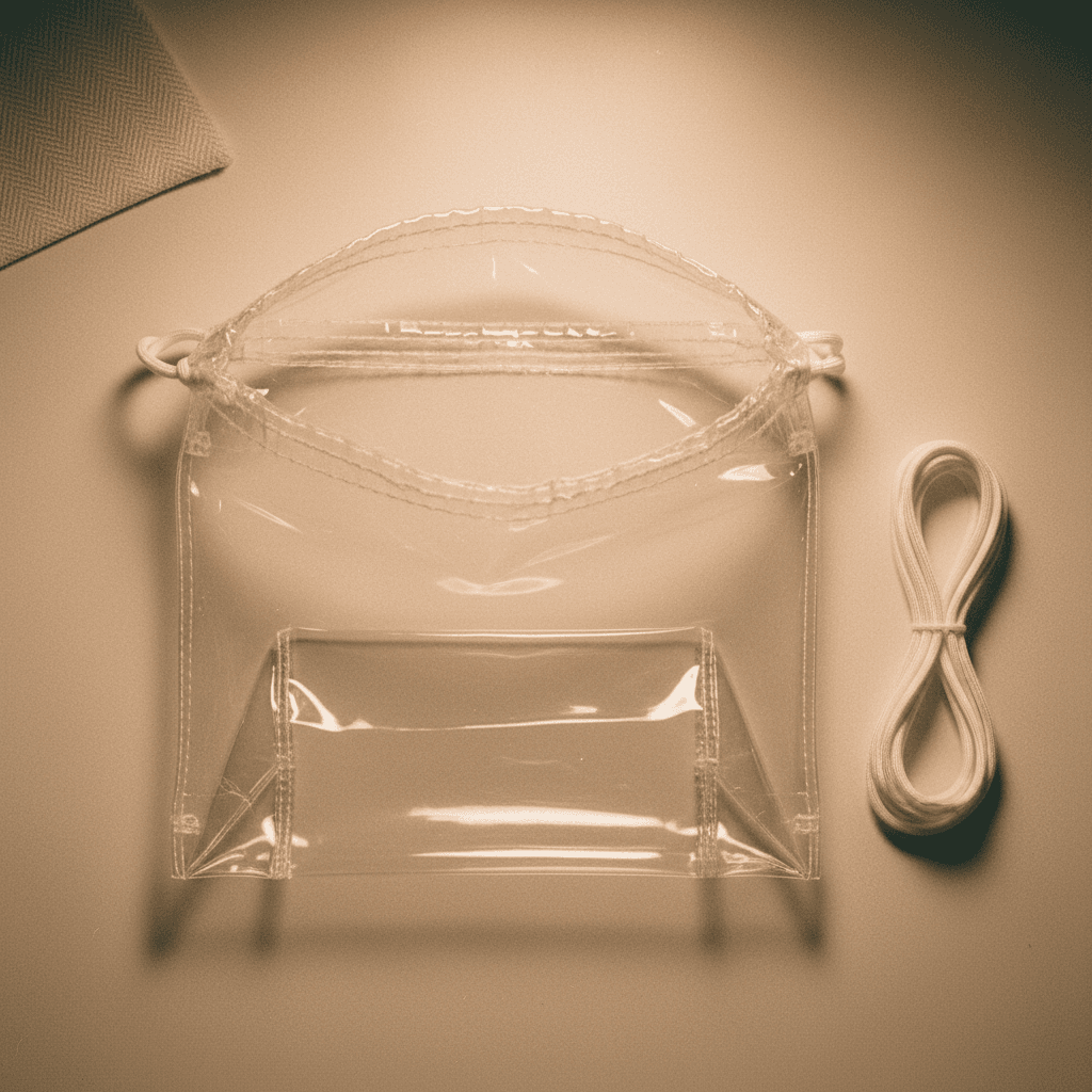 Clear drawstring bag open flat with drawcord on a desk