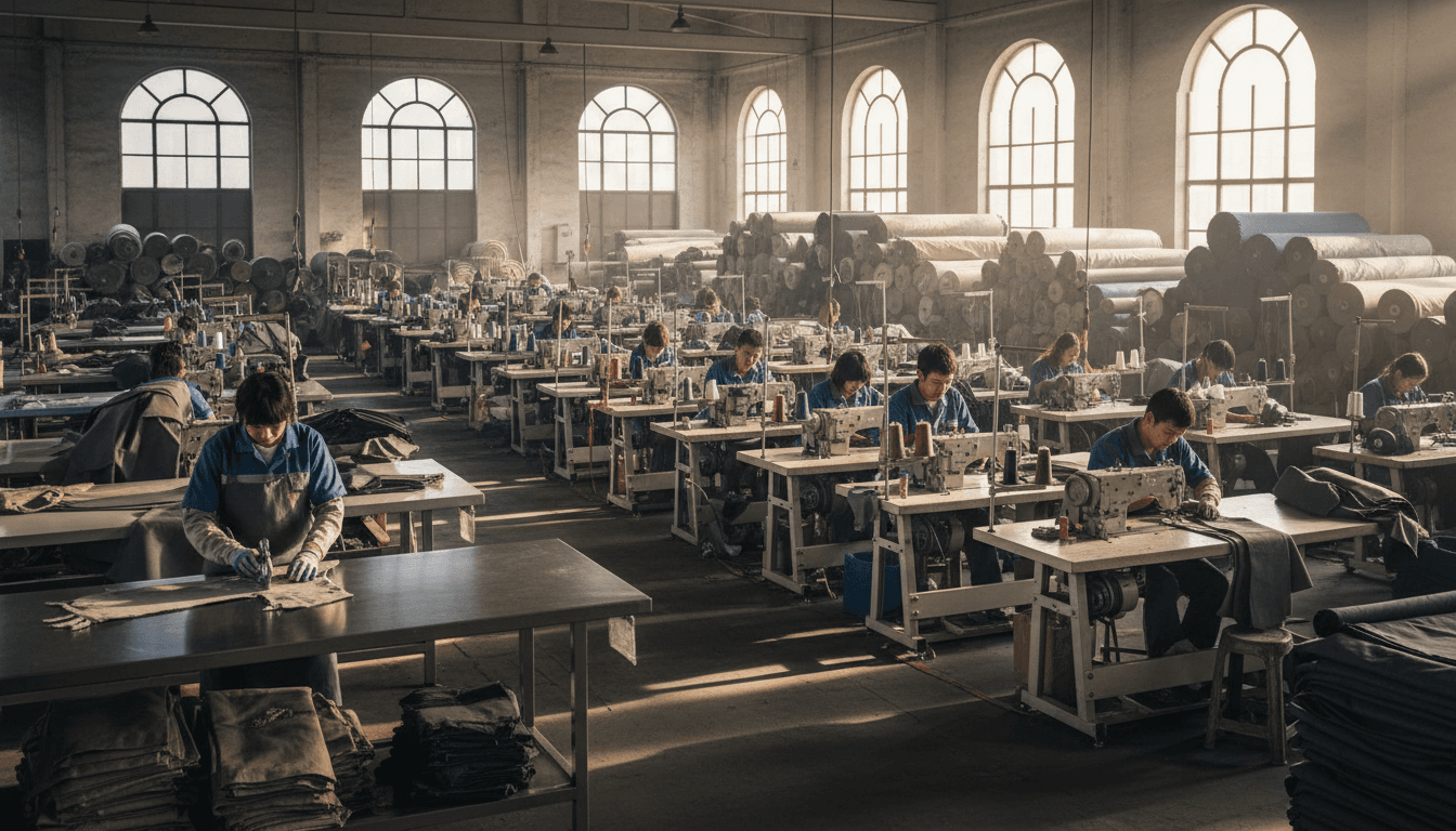 Industrial documentary style wide shot of a large, well-lit bag factory floor with rows of industrial sewing machines and workers in motion