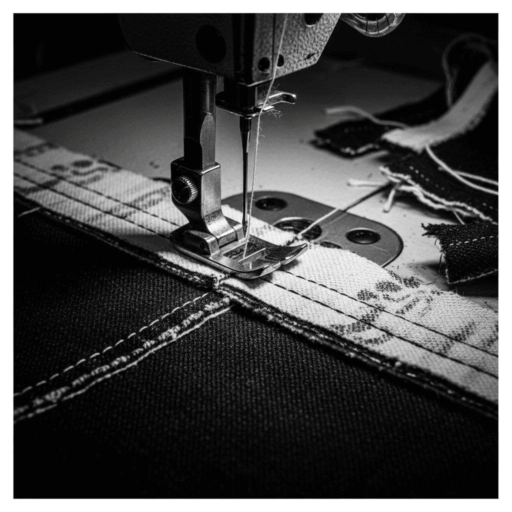 Close-up of a sewing machine needle stitching through fabric in a factory