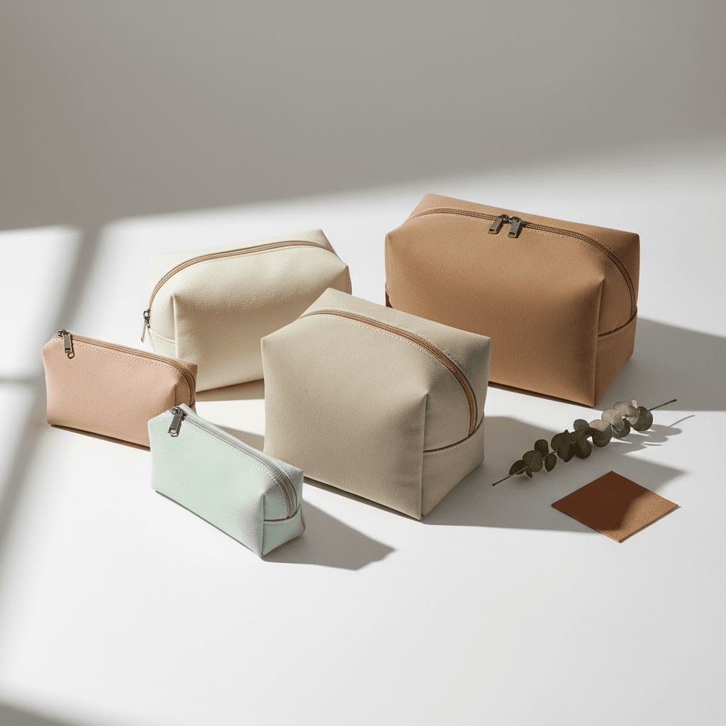 Assorted finished cosmetic pouches and travel organizers