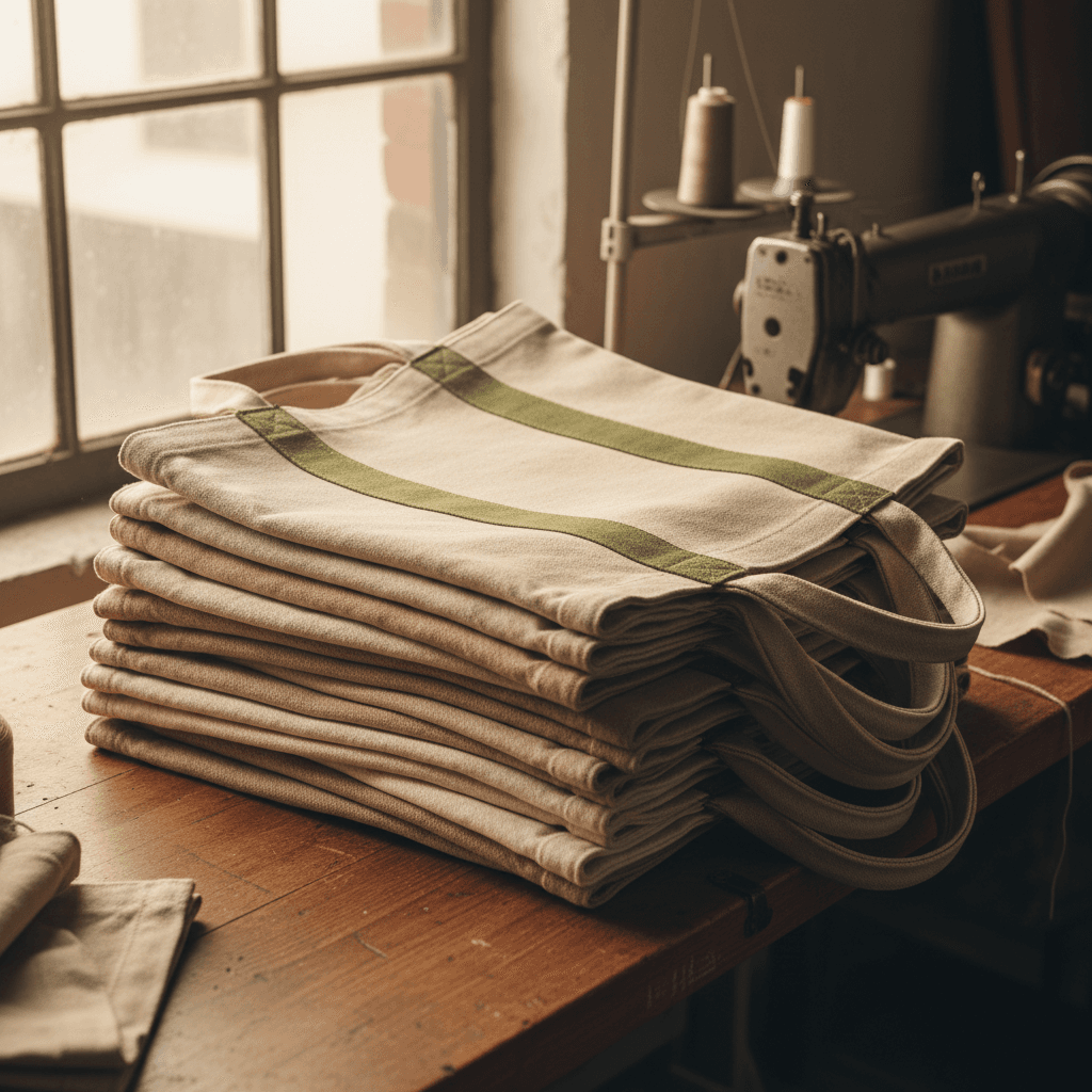 Stack of finished canvas tote bags on factory worktable