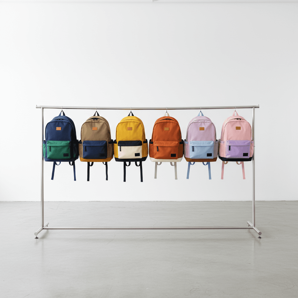 Row of colorful backpacks on display rack