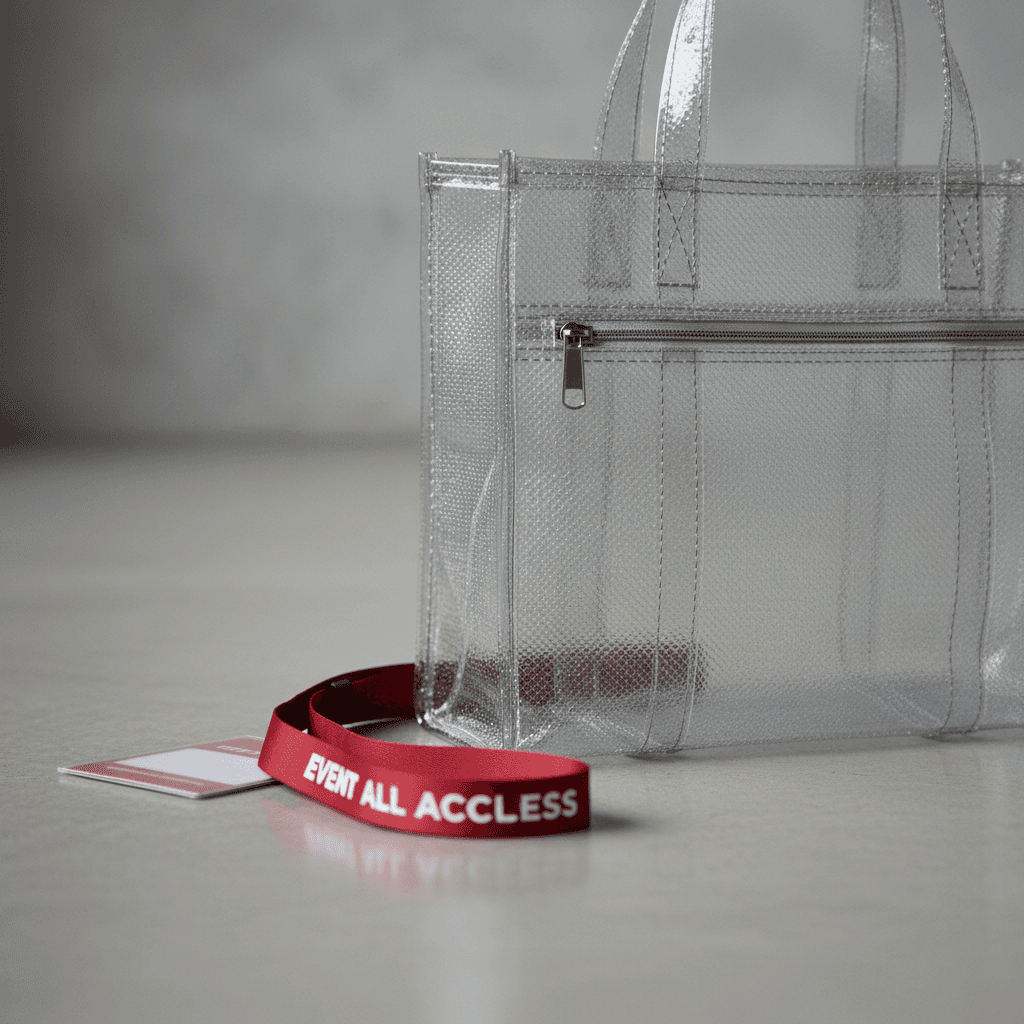 Stadium-approved clear tote bag with event lanyard on concrete floor