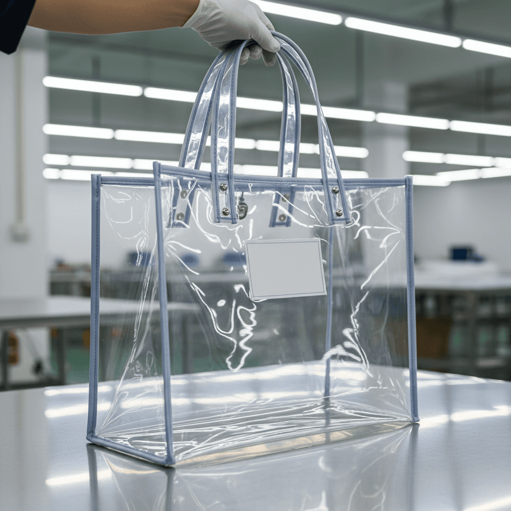Clear PVC tote bag with reinforced handles on a metal factory table