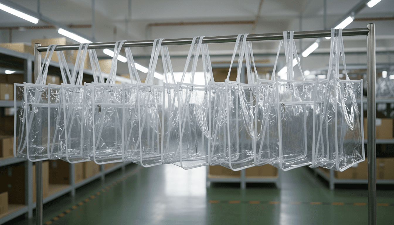 Clear PVC and TPU bags hanging on a factory rack