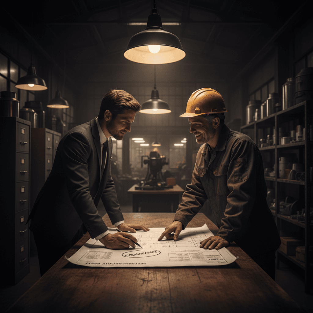 Businessperson and factory manager reviewing spec sheets in a factory office