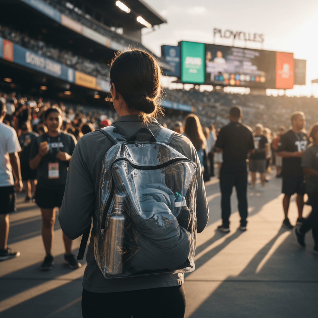 Clear backpack worn in a stadium concourse, showing contents inside