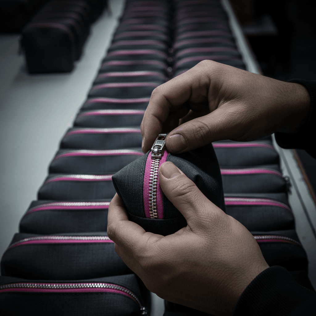 Quality check on cosmetic bag zipper during production