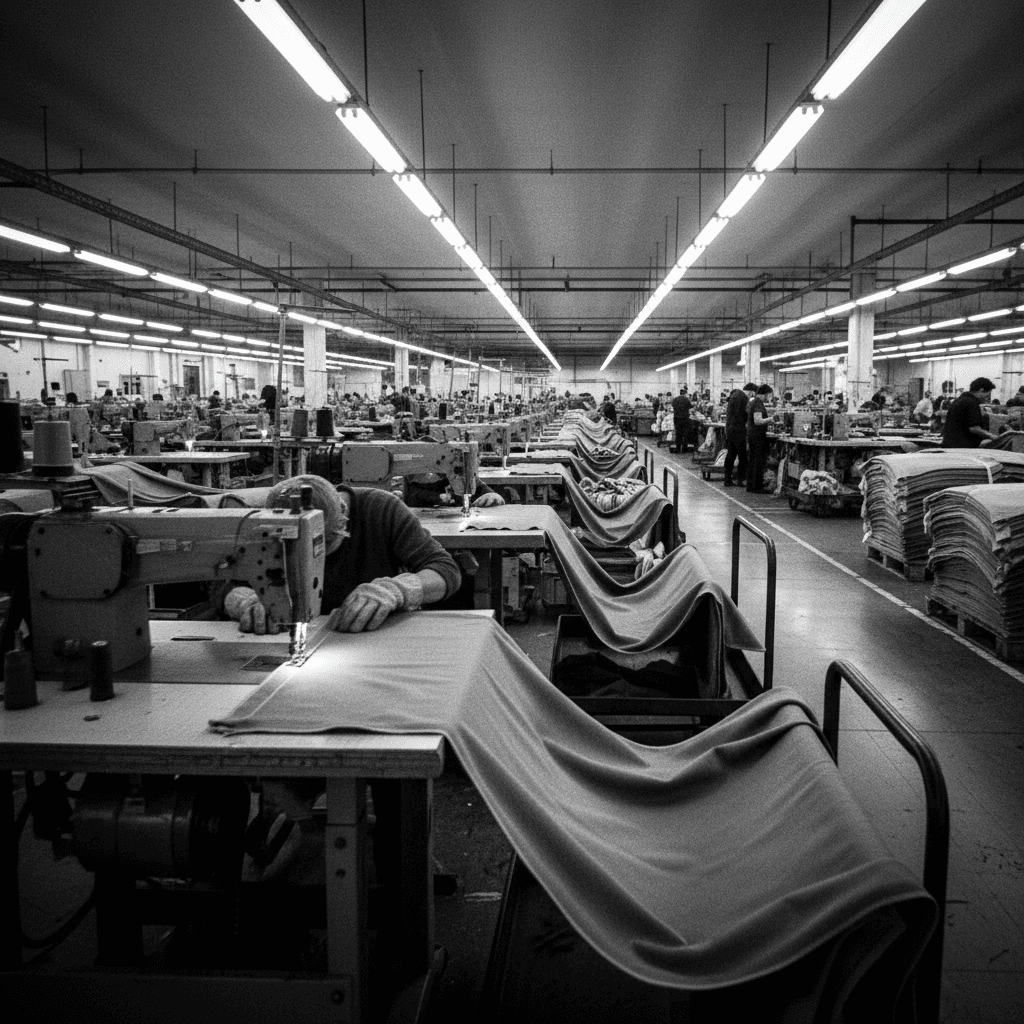 Row of industrial sewing machines in a factory with workers at stations