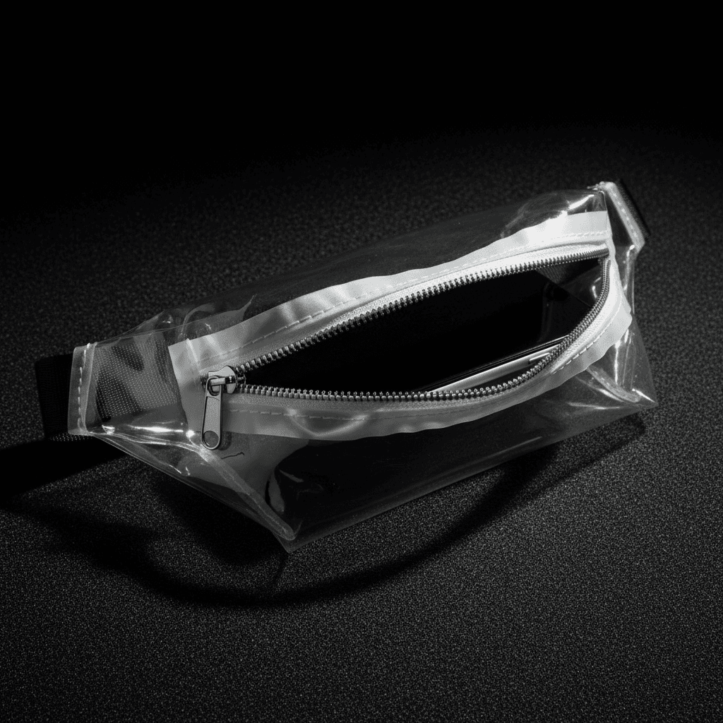 Clear waist pack with zipper open revealing a phone inside