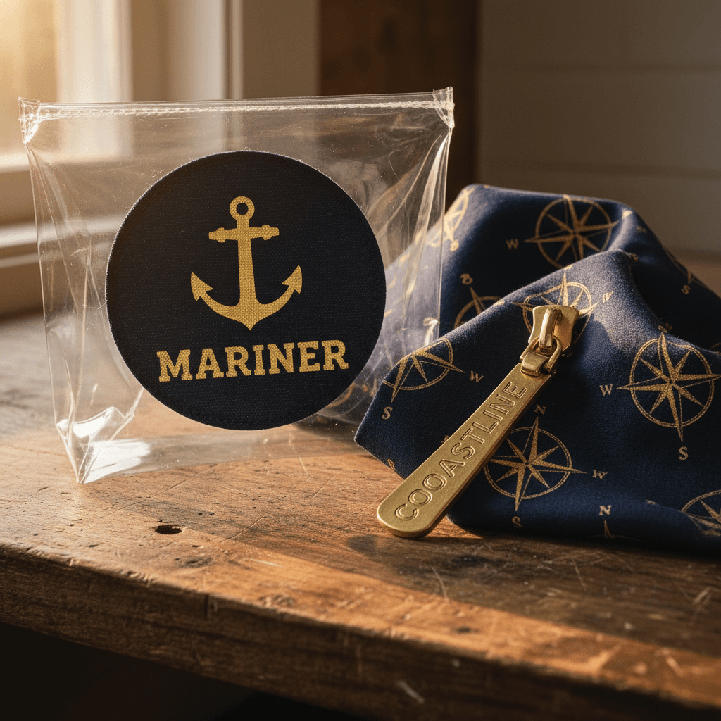 Close-up of custom logo patch and metal zipper pull on clear bag
