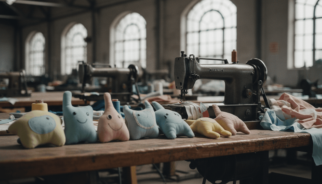 Row of custom plush toys in various animal shapes on a factory workbench