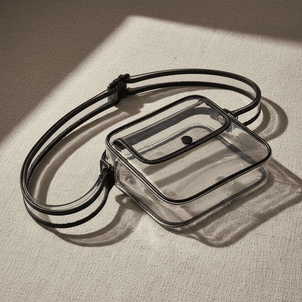 Clear TPU crossbody bag with adjustable strap on linen background