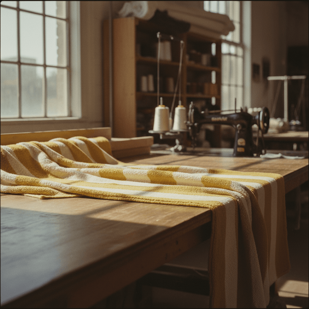 Bolt of cotton chenille fabric on a factory cutting table
