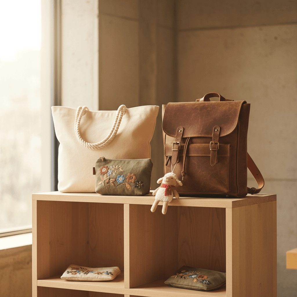 Variety of finished bags and plush toys displayed on a factory showroom shelf