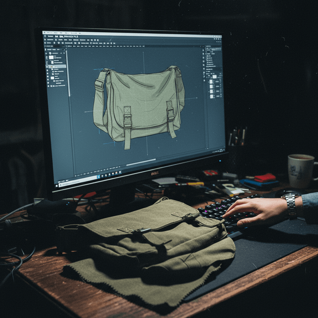 Computer monitor displaying a bag design artwork file with fabric swatches on desk