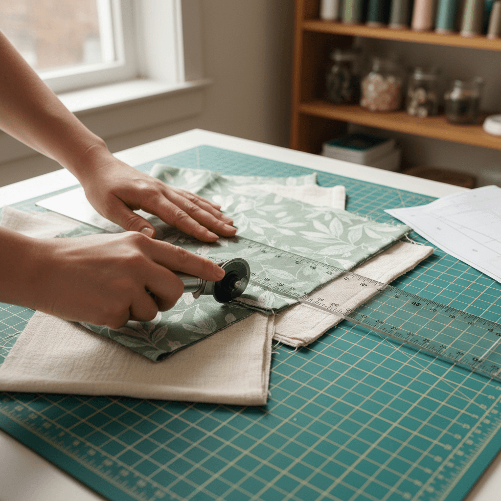 Close-up of hands cutting patterned fabric on a cutting table in the factory