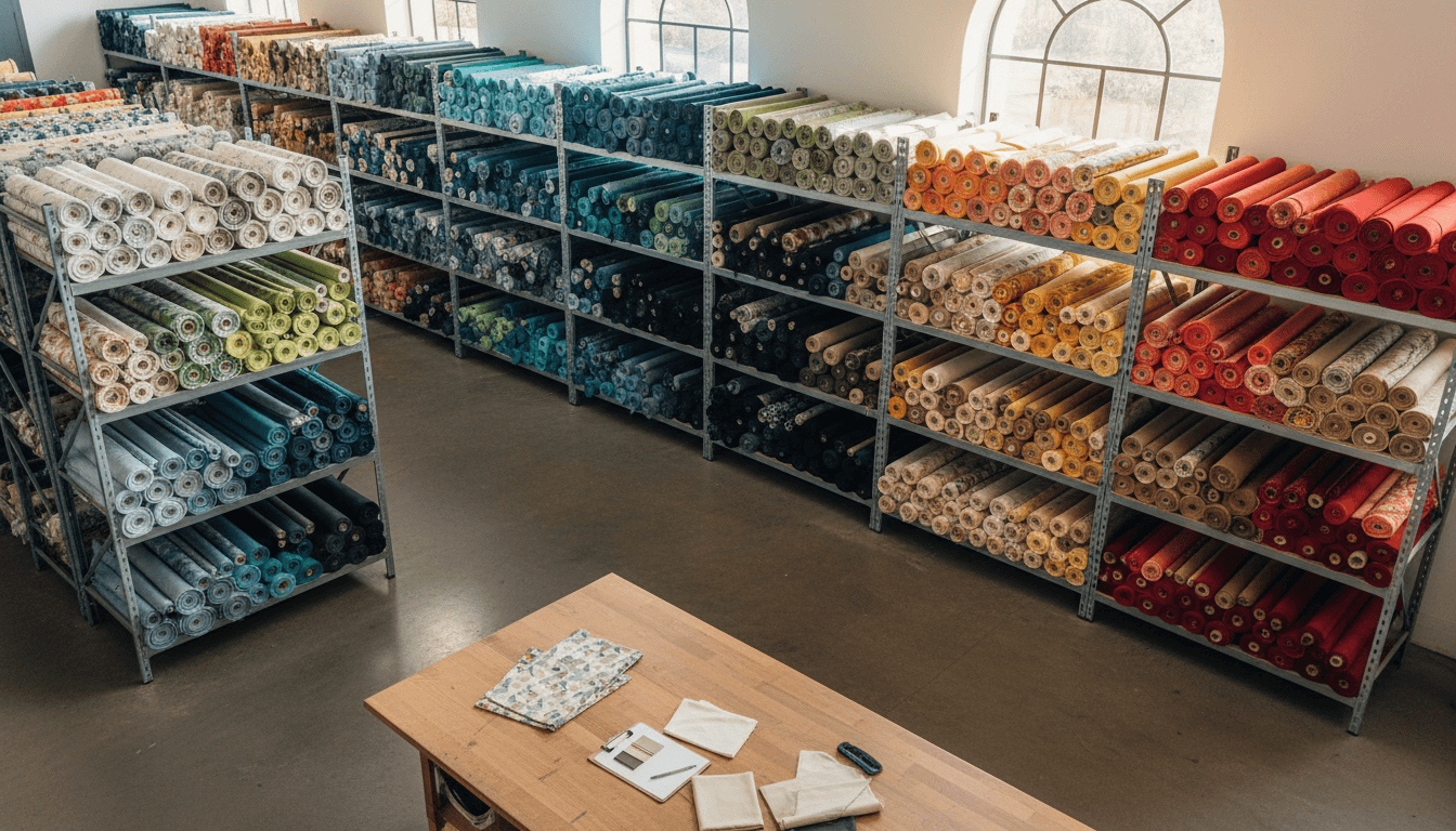 Material storage area with large rolls of fabric stacked on industrial shelving