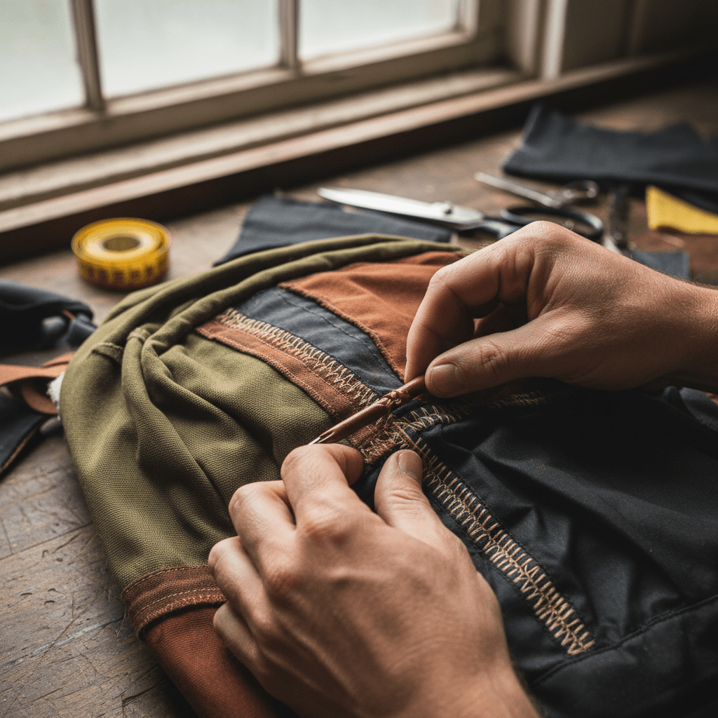 Hands assembling a backpack strap on a workbench
