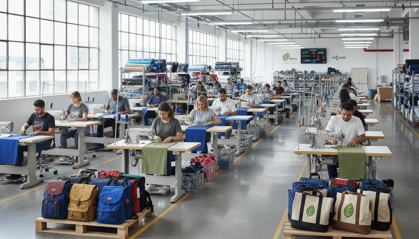 Deyuan factory floor with sewing machines and workers producing custom bags