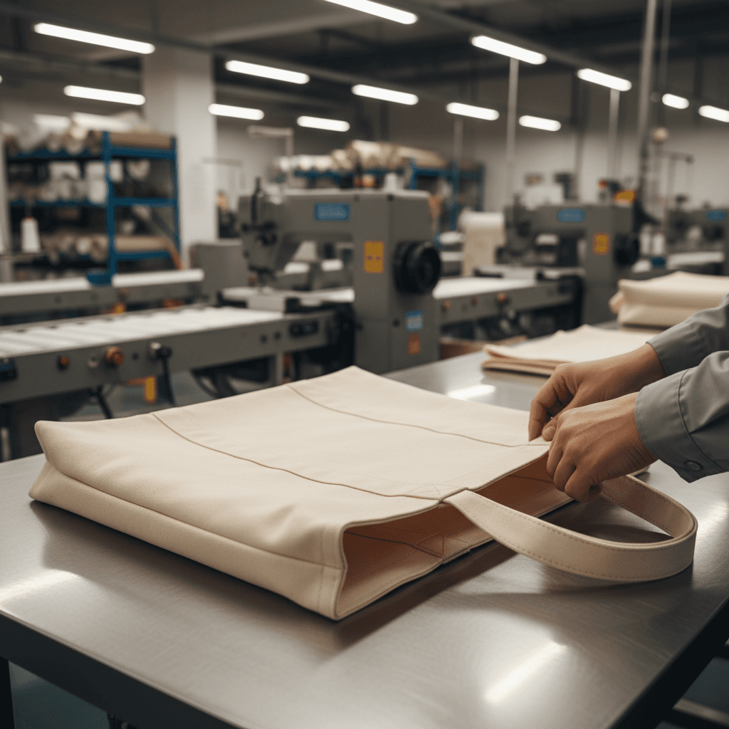 Quality control inspection of a finished bag with measuring tools in a bag factory