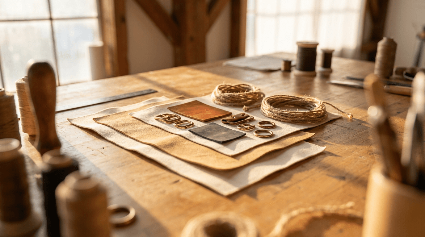 Flat lay of bag pattern, fabric, and thread spools