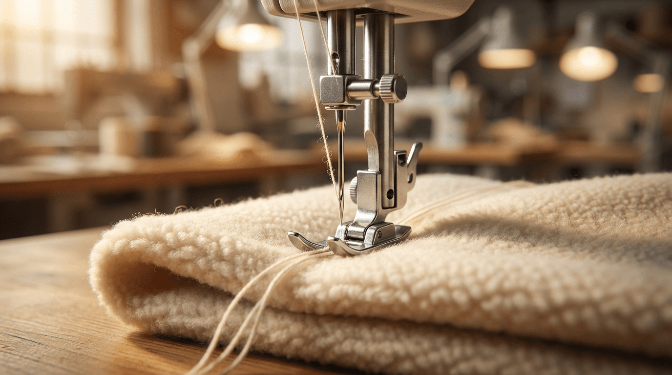 Die-cutting machine pressing through canvas fabric layers in a bag factory
