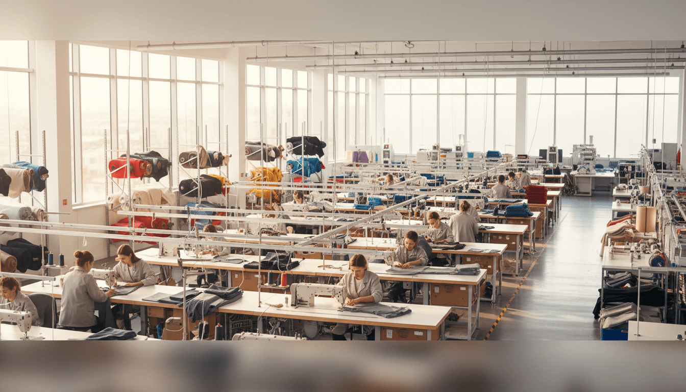 Factory floor with sewing machines and fabric rolls in a bag factory