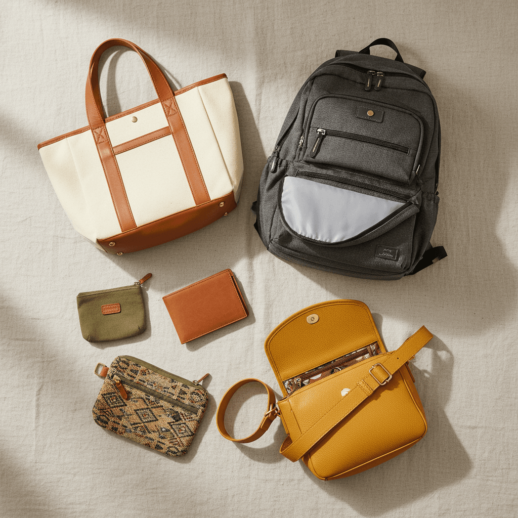 Shelves stocked with a variety of finished bag samples including backpacks and totes