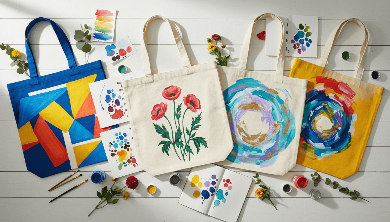 Finished canvas tote bag hanging on a white wall