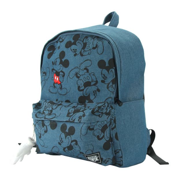 Blue denim backpack featuring black Mickey Mouse illustrations and a white glove keychain accessory.