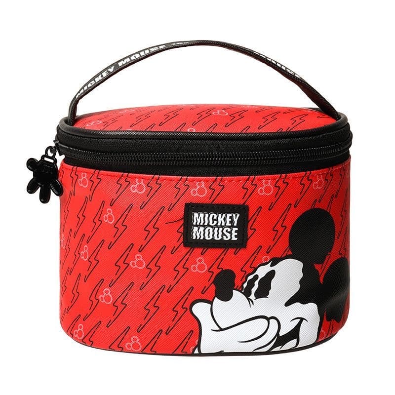 Red cylindrical Mickey Mouse makeup bag with black lightning bolt patterns and a top handle.