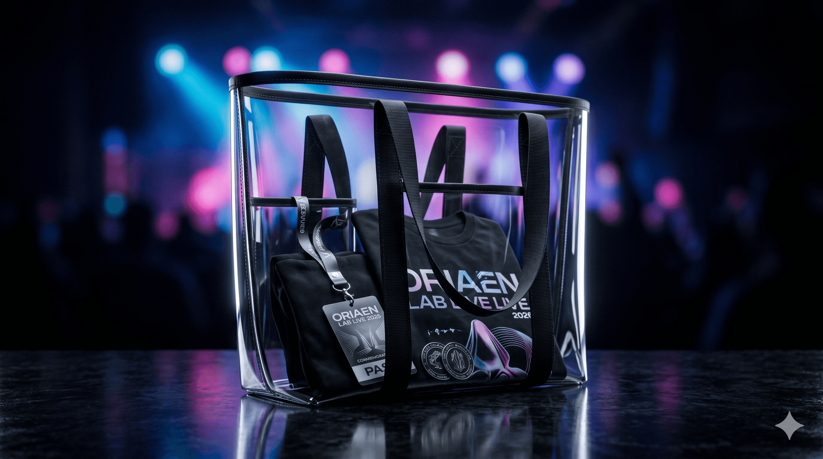 Clear tote bag containing ORIAEN LAB LIVE 2025 concert merchandise against blurred stage lights.