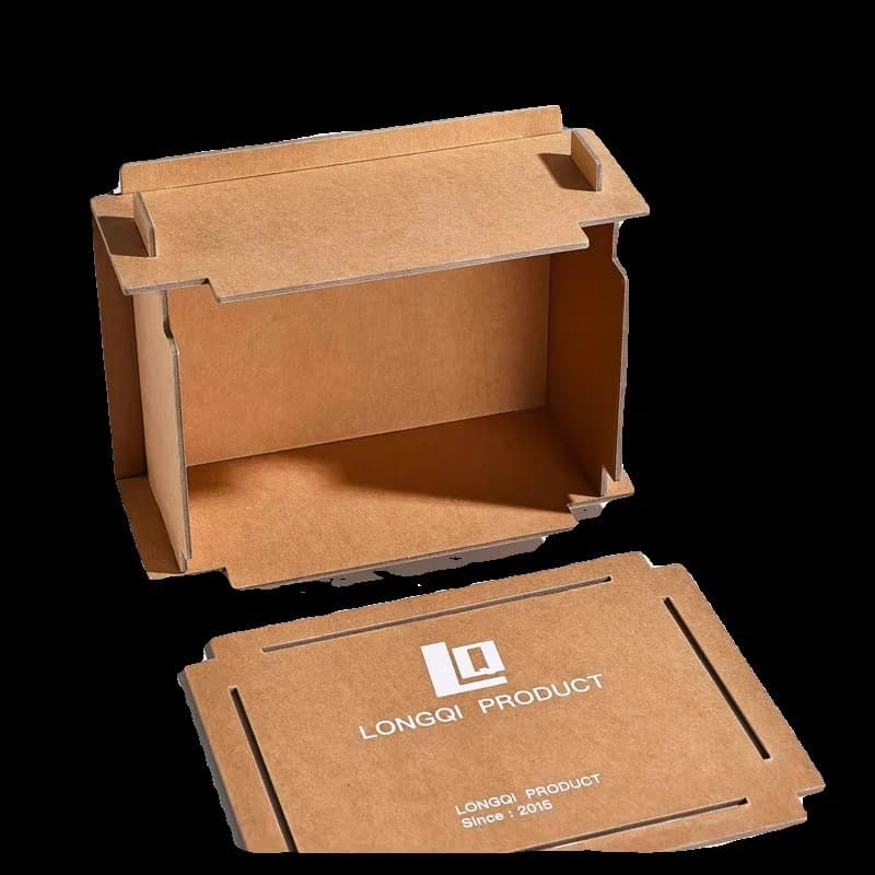 Partially assembled brown cardboard box with a branded panel featuring the Longqi Product logo.